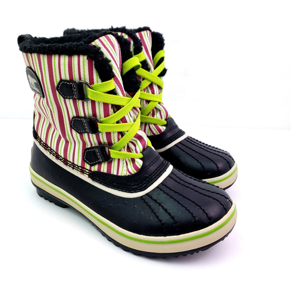 Sorel Tivoli Pac Girls Size 2Y Black Pink Green Striped Winter Snow Boots NY1819 - Picture 1 of 12